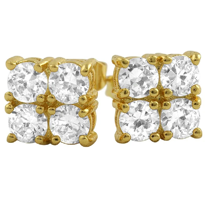 Best Hip Earrings-4 Stone Box Gold CZ Diamond Bling Bling Earrings