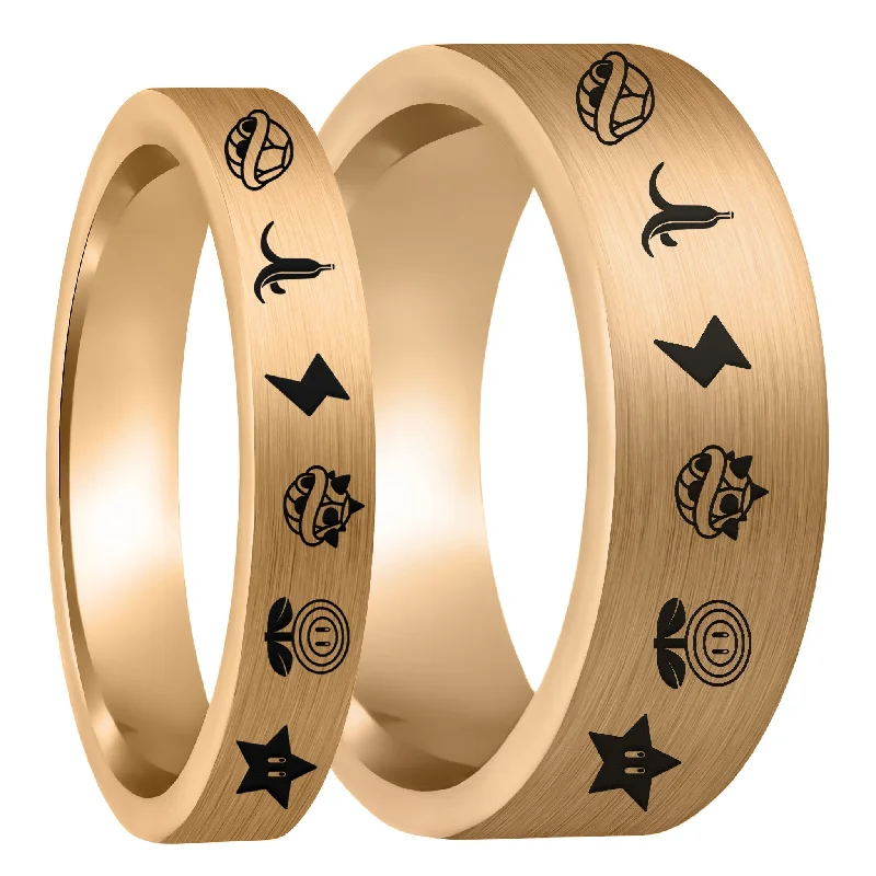 Rings Flair Chronicles-Mario Kart Items Brushed Rose Gold Tungsten Couple's Matching Wedding Band Set