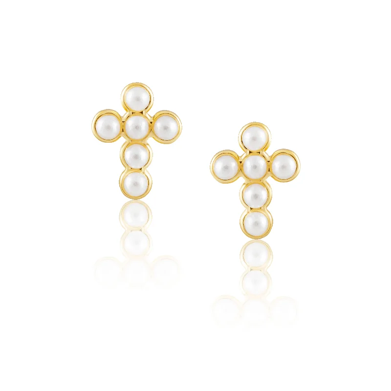 Earrings Beam Tips-Mini Pearl Cross Studs