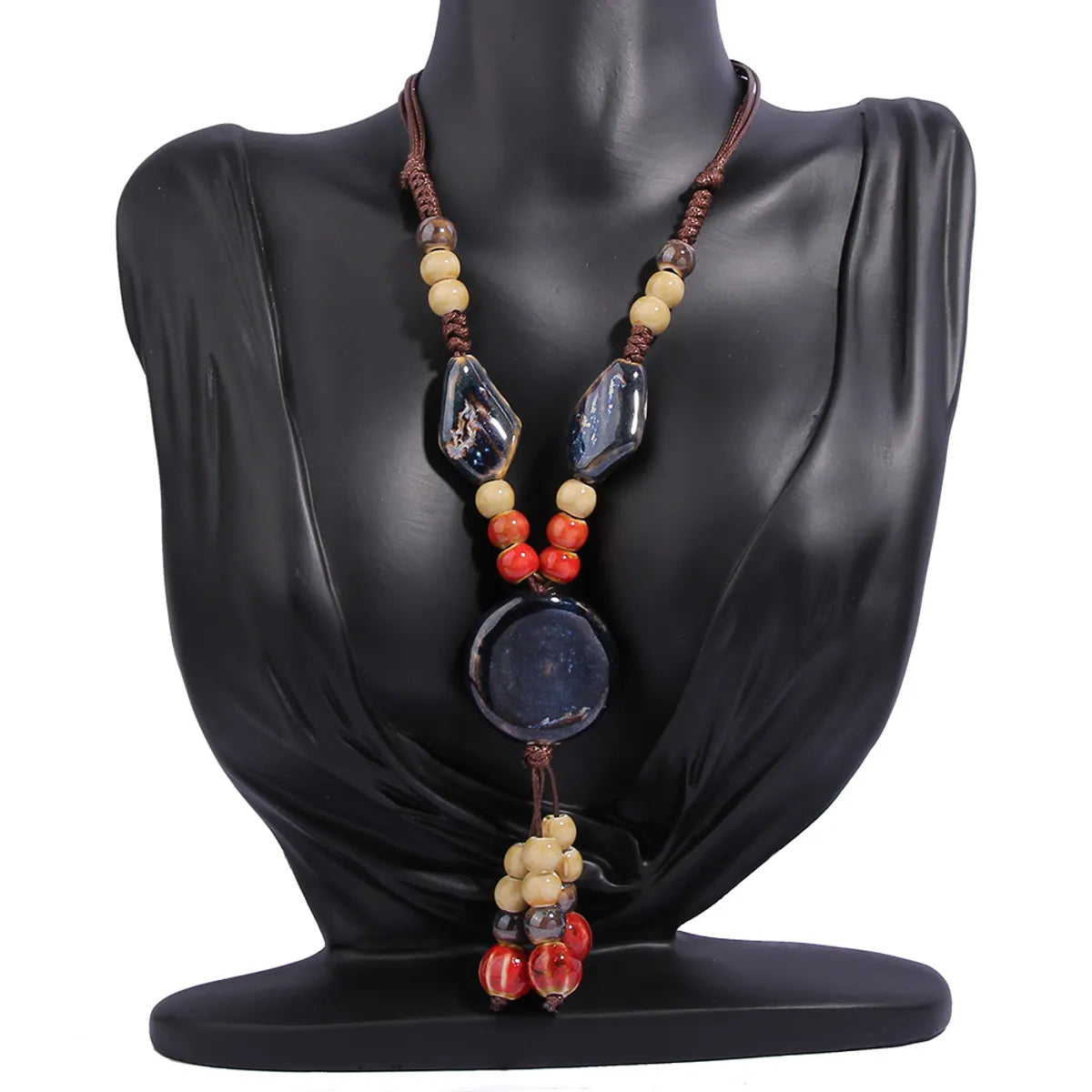 Necklaces For Broad Chests-Retro Ethnic Style Geometric Ceramics Beaded Tassel Braid Women's Long Necklace