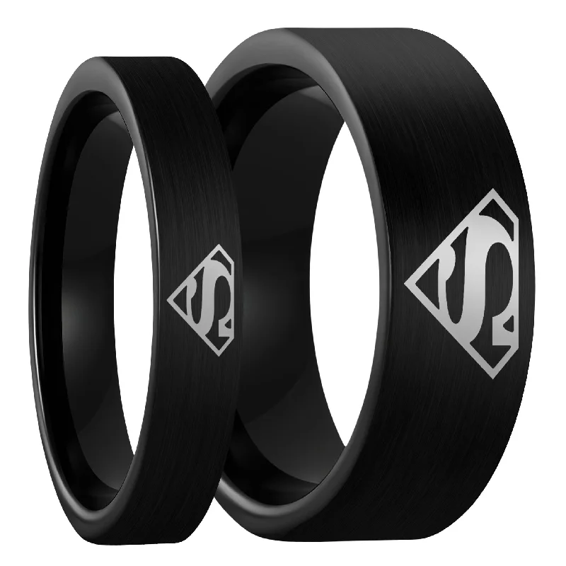 Rings For Eclectic Mixes-Superman Brushed Black Tungsten Couple's Matching Wedding Band Set