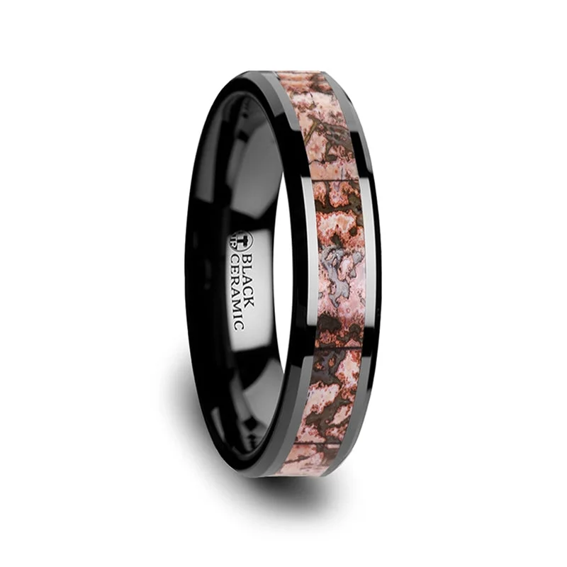 Rings For Pack Flair-Pink Dinosaur Bone Inlaid Black Ceramic Women's Wedding Band