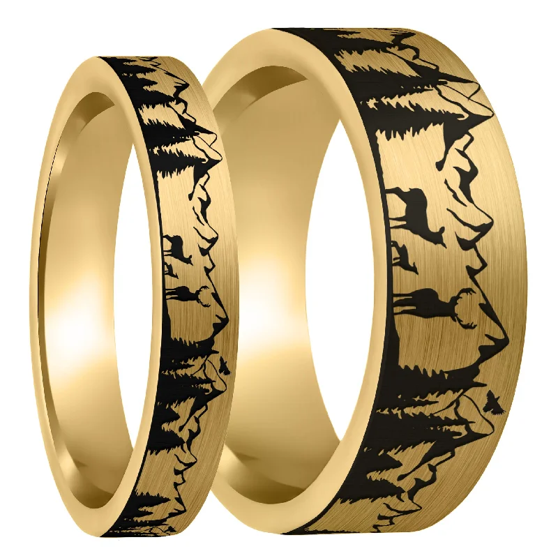 Rings For Bold Sets-Deer Mountain Range Brushed Gold Tungsten Couple's Matching Wedding Band Set