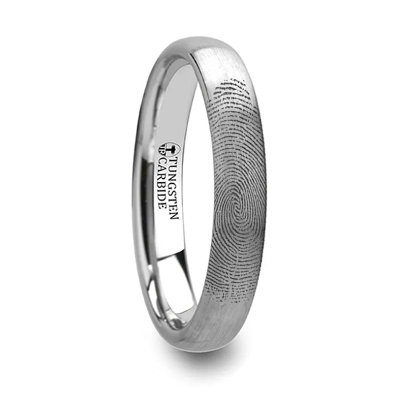 Rings With Gunmetal Sheen-Custom Fingerprint Engraved Brushed Tungsten Domed Women's Ring