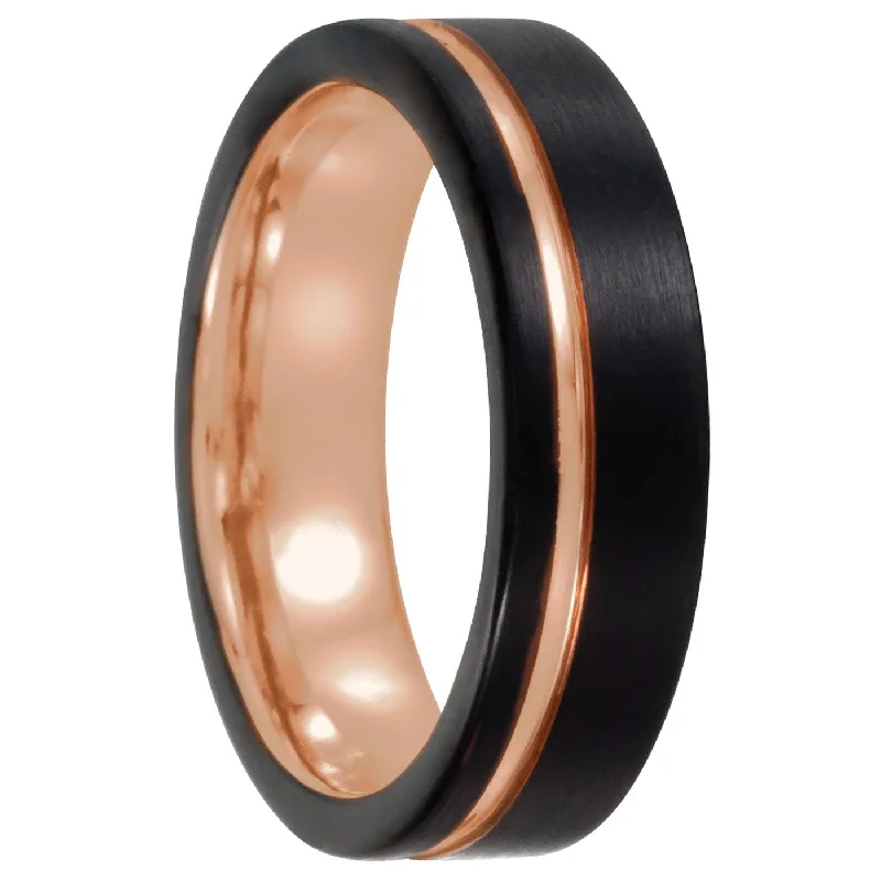 Rings For Curious Teens-Rose Gold Asymmetrical Grooved Black Tungsten Men's Wedding Band