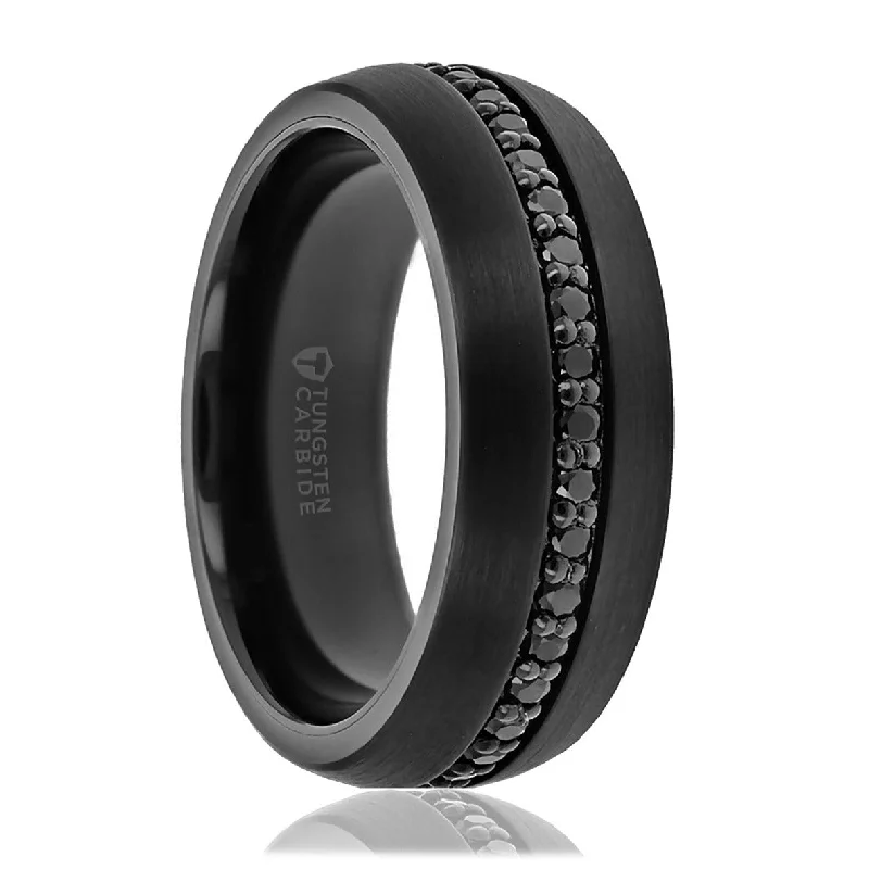 Warm Rings For Cheer-Black Tungsten Men's Wedding Band with Black Sapphires