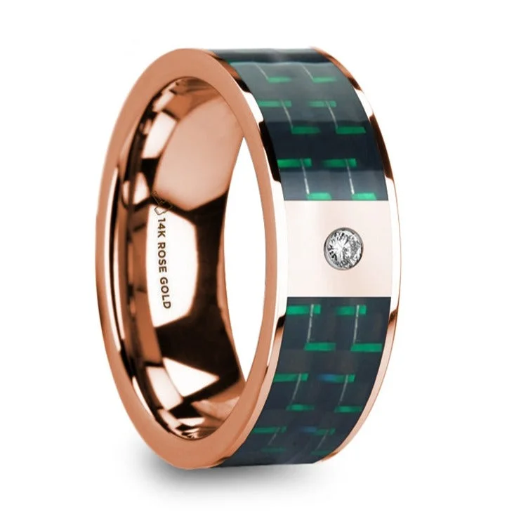 Best Snap Rings-14k Rose Gold Men's Wedding Band with Black & Green Carbon Fiber Inlay and Diamond