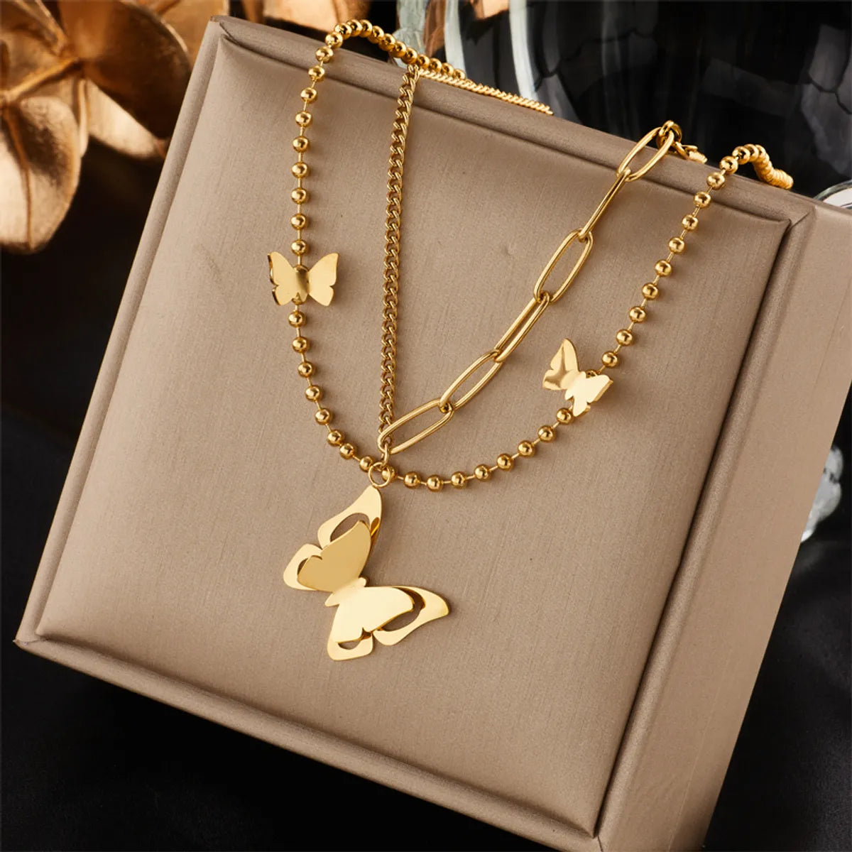 Necklaces For Hard Days-Simple Style Butterfly Titanium Steel Plating 18k Gold Plated Double Layer Necklaces