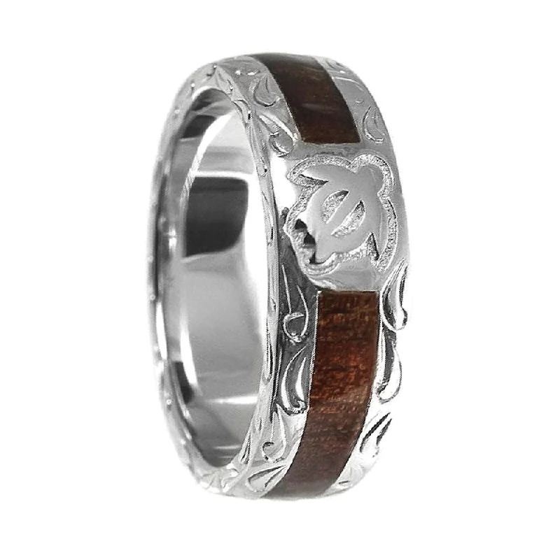 Elite Rings For Understated Beauty-925 Silver Men's Wedding Band with Honu Turtle & Hawaiian Koa Wood