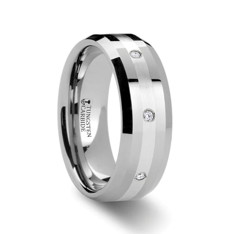 Best Hunt Rings-Tungsten Men's Wedding Band with Silver Inlay & Eight Diamonds