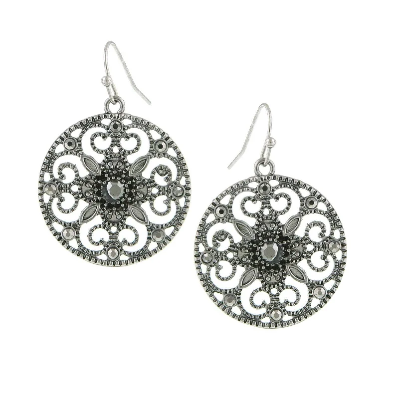 Best Hip Earrings-1928 Jewelry Hematite Round Filigree Drop Earrings