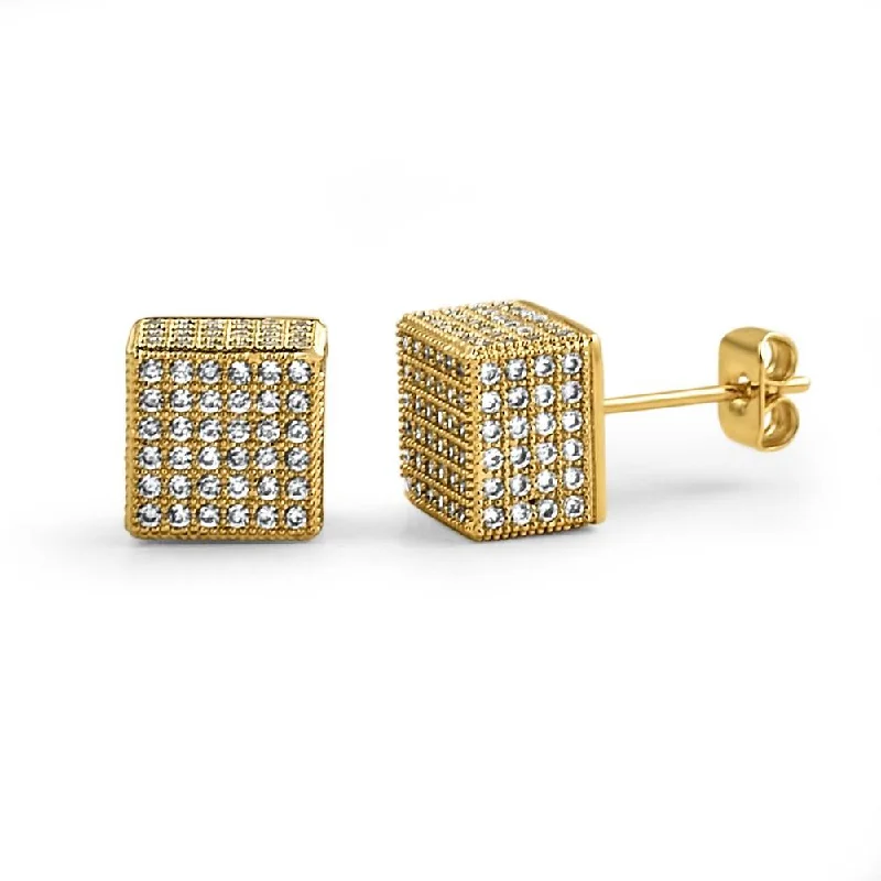 Earrings For Surf Days-Cube Gold CZ Hip Hop Bling Bling Earrings