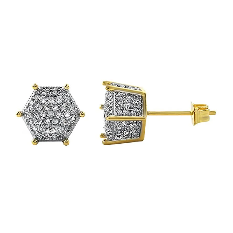 Earrings For Cool Fits-Gold 3D Pentagon CZ Micro Pave Earrings