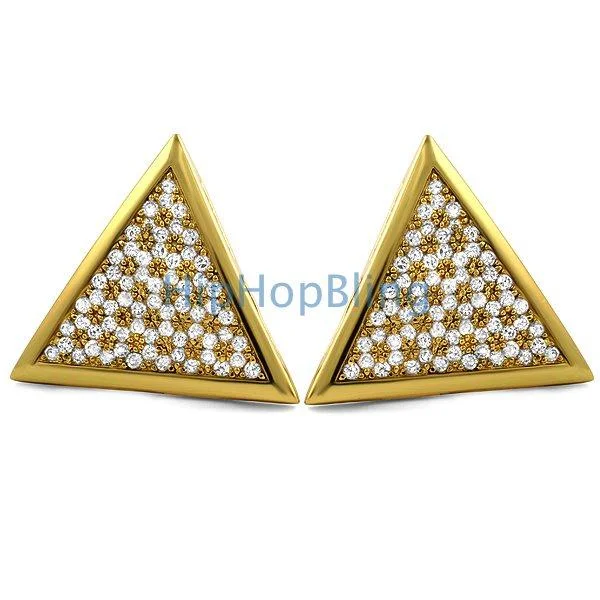 Earrings For Travel Kits-XL Triangle Gold CZ Hip Hop Bling Bling Earrings