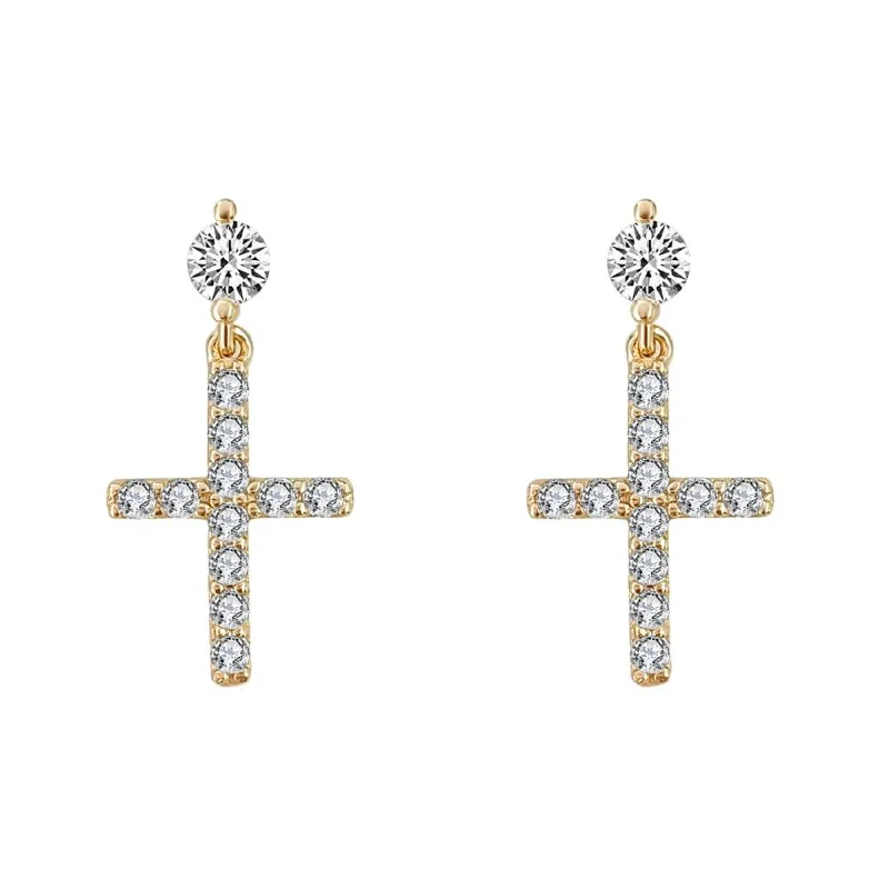 Earrings Beam Rating-Stud Dangling Tennis Cross CZ Iced Out Earrings .925 Silver