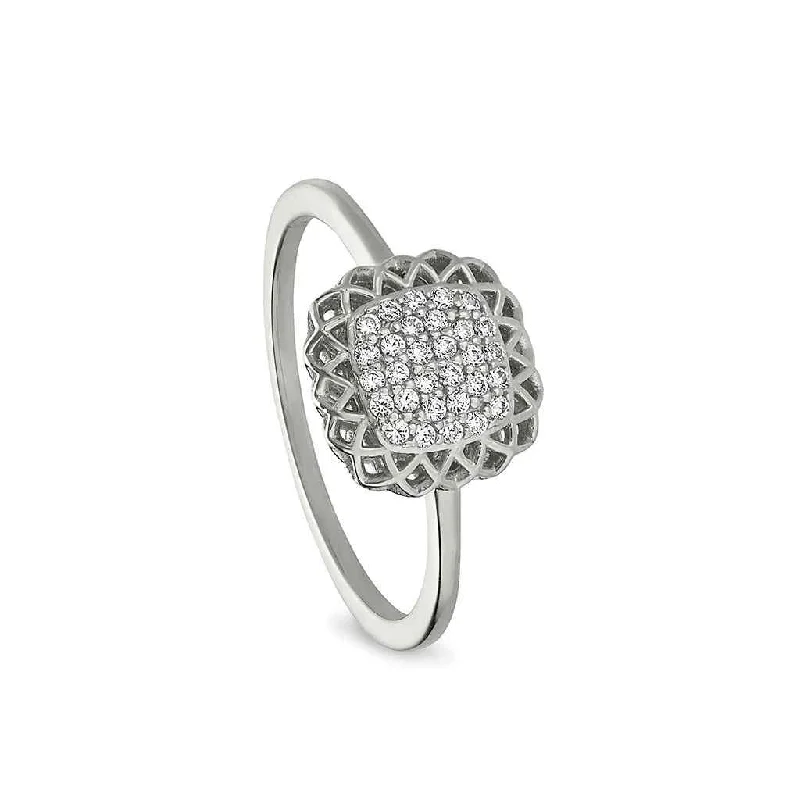 Rings With Mosaic Patterns-Sterling Silver Pillow with Filigree Edge Ring with Simulated Diamonds