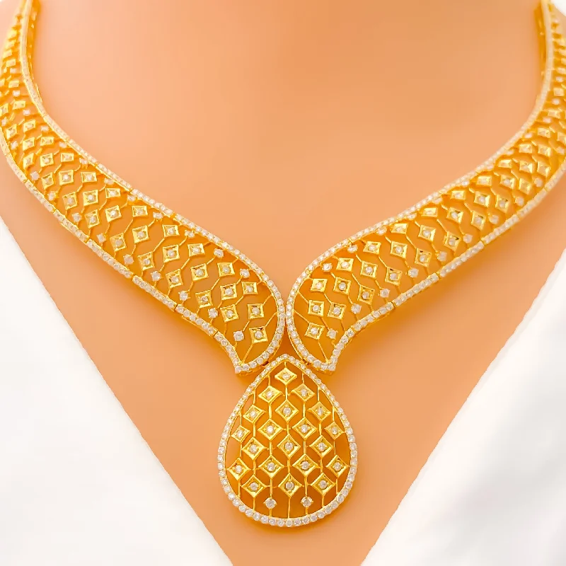 Necklaces With Firm Locks-Elegant Contemporary Drop Diamond + 18k Gold Necklace Set