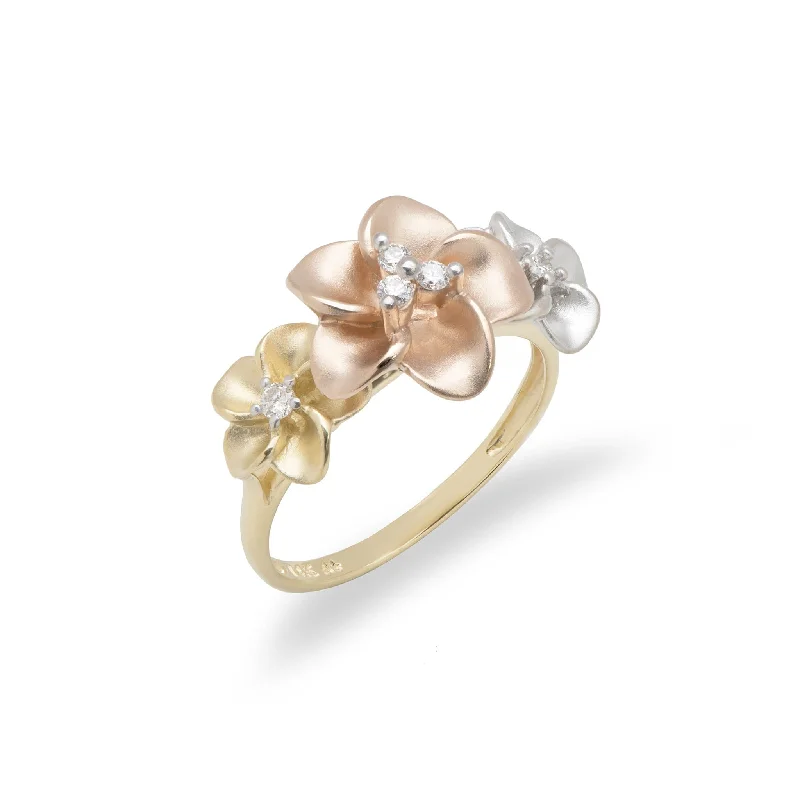 Rings For Dazzling Radiance-Plumeria Ring in Tri Color Gold with Diamonds - 12mm