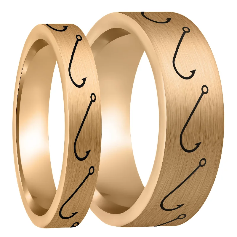 Exquisite Rings For Heirlooms-Simple Fishing Hook Brushed Rose Gold Tungsten Couple's Matching Wedding Band Set