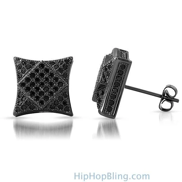 Earrings For Surf Days-3D Square in Kite Black CZ Micro Pave Bling Earrings