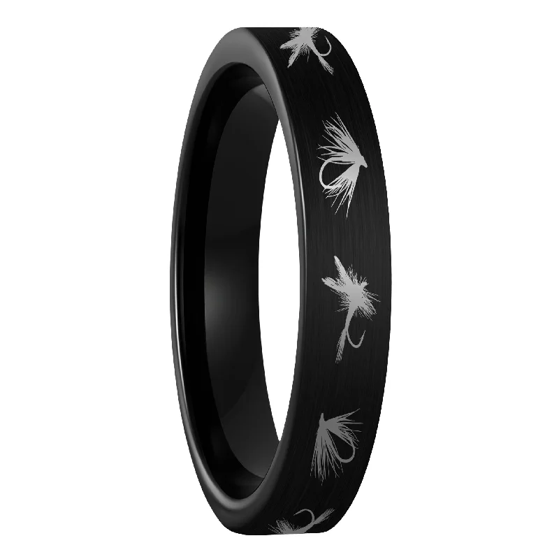 Rings For Frenzied Days-Fly Fishing Lures Brushed Black Tungsten Women's Wedding Band