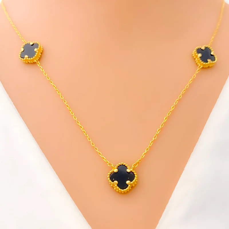 Necklaces With Faded Hues-Mesmerizing Black 21k Gold Clover Necklace Set