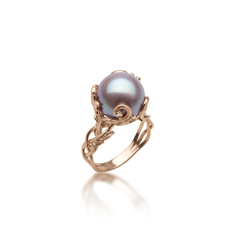 Fresh Rings For Poise-Living Heirloom Lilac Freshwater Pearl Ring in Rose Gold with Diamonds - 11-12mm