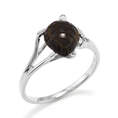 Rings With Asymmetrical Cuts-Honu Black Coral Ring in White Gold - 13mm