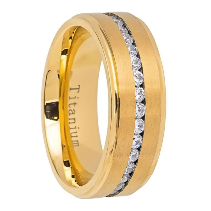 Rings For Grippy Feel-Yellow Gold Titanium Men's Wedding Band with Cubic Zirconia