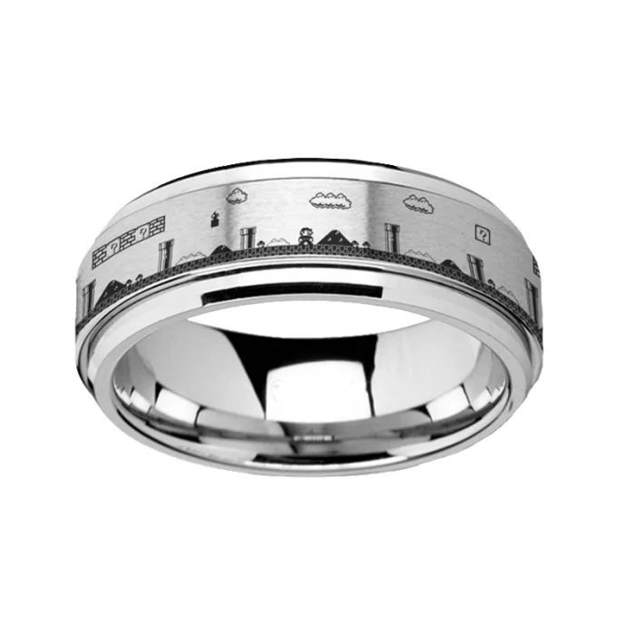 Rings For Festival Beats-Super Mario Bros Engraved Spinner Tungsten Wedding Band