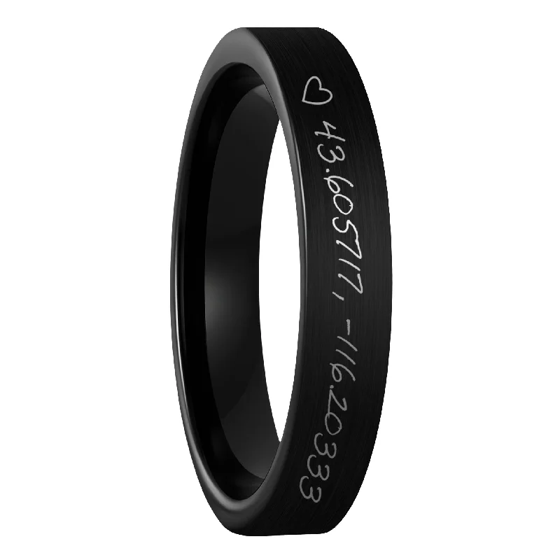 Bargain Rings For Deals-Custom Handwritten Coordinates Brushed Black Tungsten Women's Ring