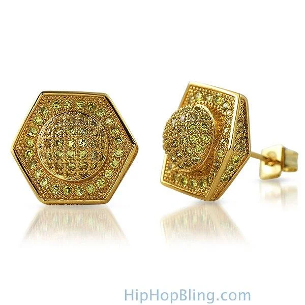 Earrings With Delicate Threads-3D Domed Hexagon Lemonade CZ Hip Hop Earrings