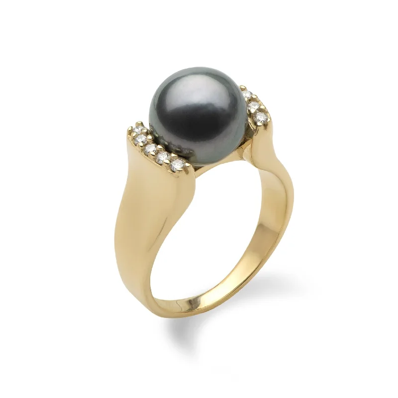 Rings For Bare Scalps-Tahitian Black Pearl Ring in Gold with Diamonds - 9-10mm