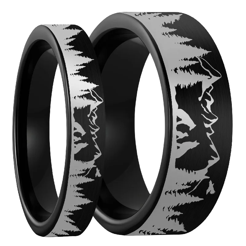 Rings Shimmer Insights-Wolf Landscape Scene Brushed Black Tungsten Couple's Matching Wedding Band Set