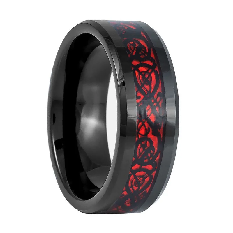 Rings For Faded Pop-Black Tungsten Men's Wedding Band with Red Celtic Dragon Inlay