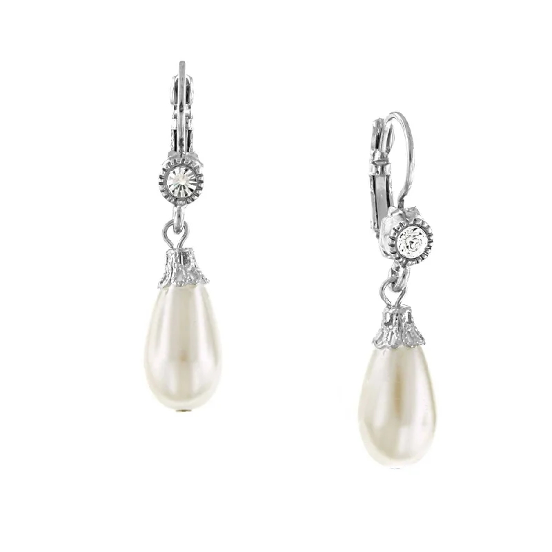 Earrings For Grand Occasions-1928 Bridal Round Crystal And Faux Pearl Drop Earrings