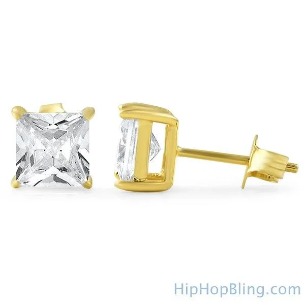 Earrings Patch Tips-Princess Cut CZ Stud Earrings Gold .925 Silver