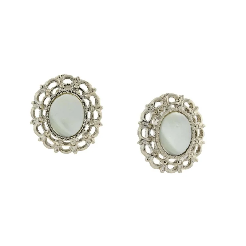 Earrings Tend Routine-1928 Jewelry White Stone Oval Filigree Button Clip On Earrings