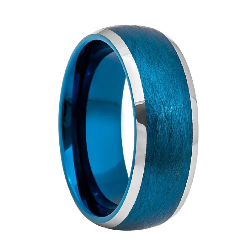 Rings With Crescent Charms-Wire Brushed Blue Tungsten Men's Wedding Band