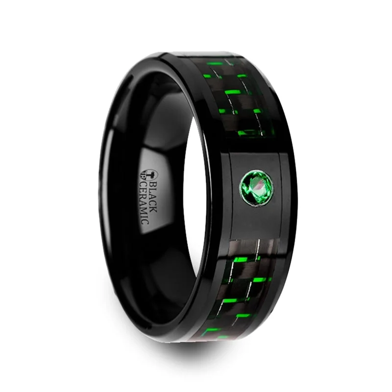 Rings For Muted Radiance-Black Ceramic Men's Wedding Band with Black & Green Carbon Fiber and Emerald