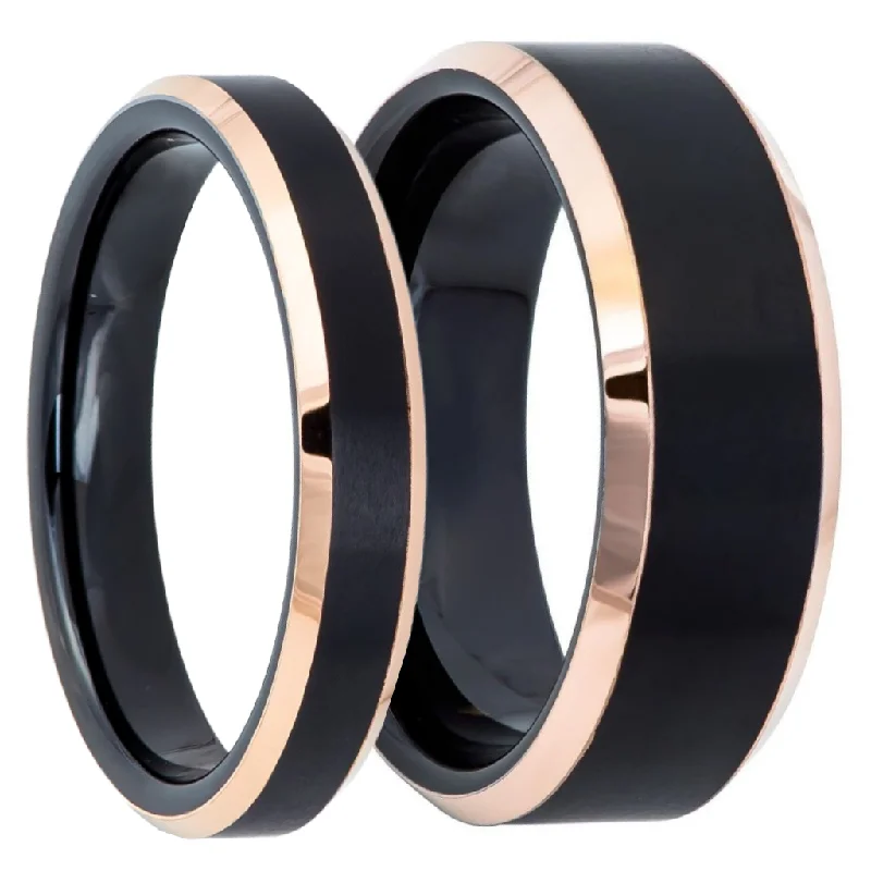 Most Enduring Rings-Brushed Black Tungsten Couple's Matching Wedding Band Set with Rose Gold Edges