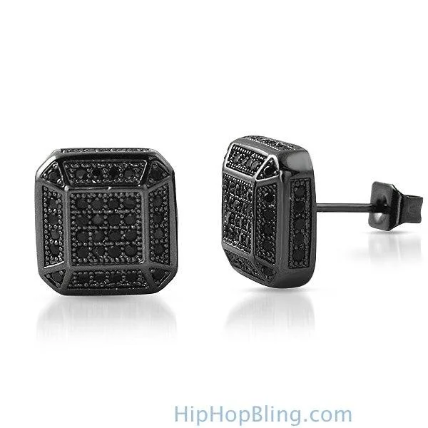 Earrings For Hair Ties-3D Smooth Box Black CZ Micro Pave Bling Earrings