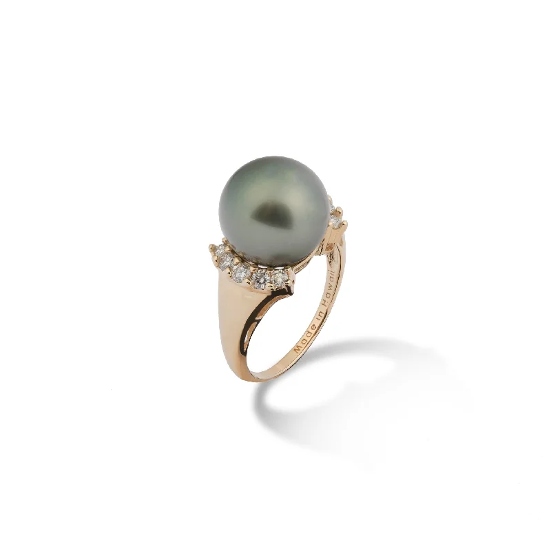 Best Heritage Rings-Tahitian Black Pearl Ring in Gold with Diamonds - 12-13mm