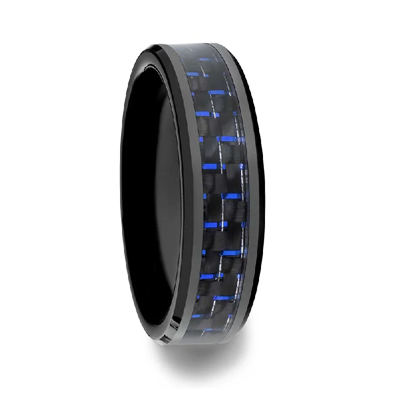 Rings Worth Insights-Black Ceramic Men's Wedding Band with Blue & Black Carbon Fiber Inlay