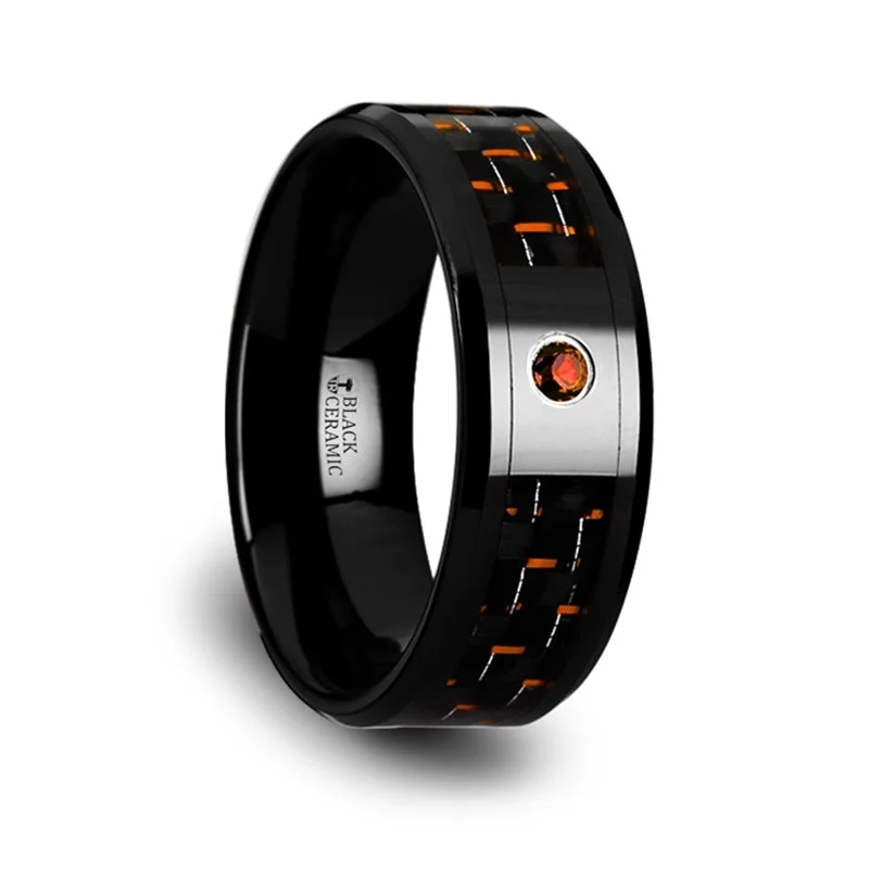 Rings Comfort Vibes-Black Ceramic Men's Wedding Band with Black & Orange Carbon Fiber and Orange Padparadscha