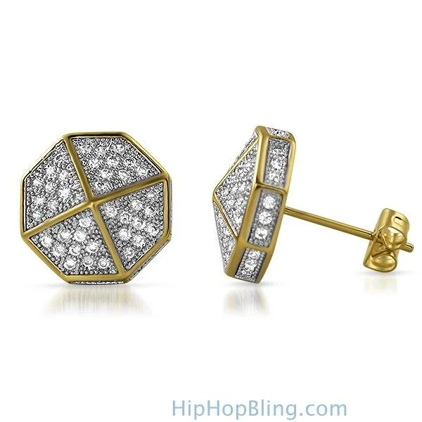 Earrings For Still Nights-3D Pointed Octagon Gold CZ Hip Hop Earrings