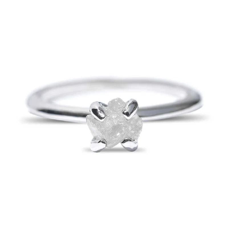 Rings For Headband Accents-Rough Diamond Solitaire Minimalist Engagement Ring in White Gold