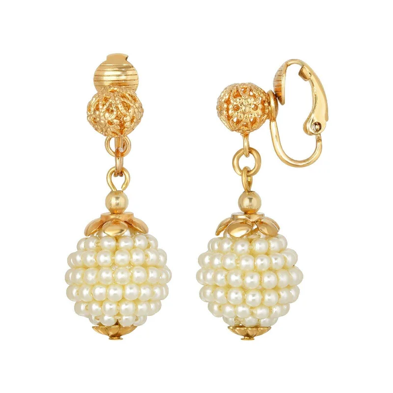 Best Shape Earrings-1928 Jewelry Filigree Ball & Embossed Faux Pearl Bead Drop Clip On Earrings