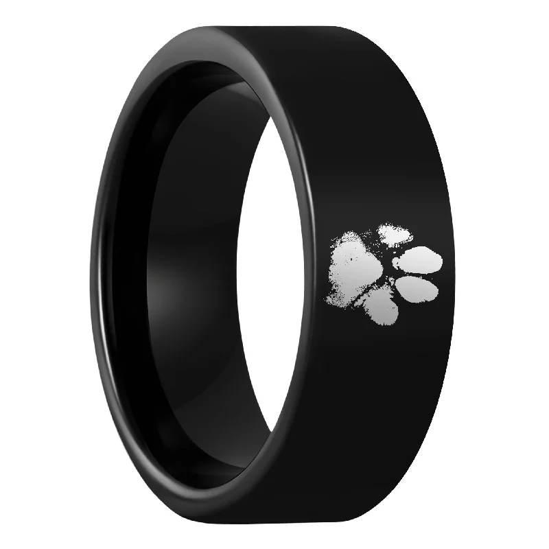 Rings Forging Stories-Custom Paw Print Black Tungsten Men's Ring