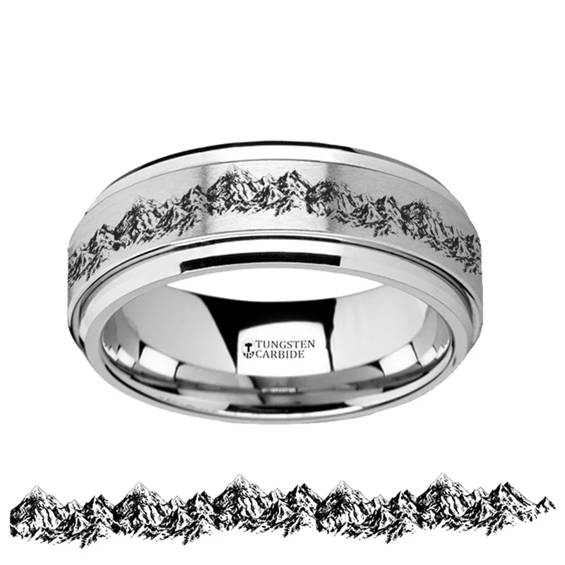 Bargain Rings For Deals-Mountain Range Engraved Spinner Tungsten Wedding Band